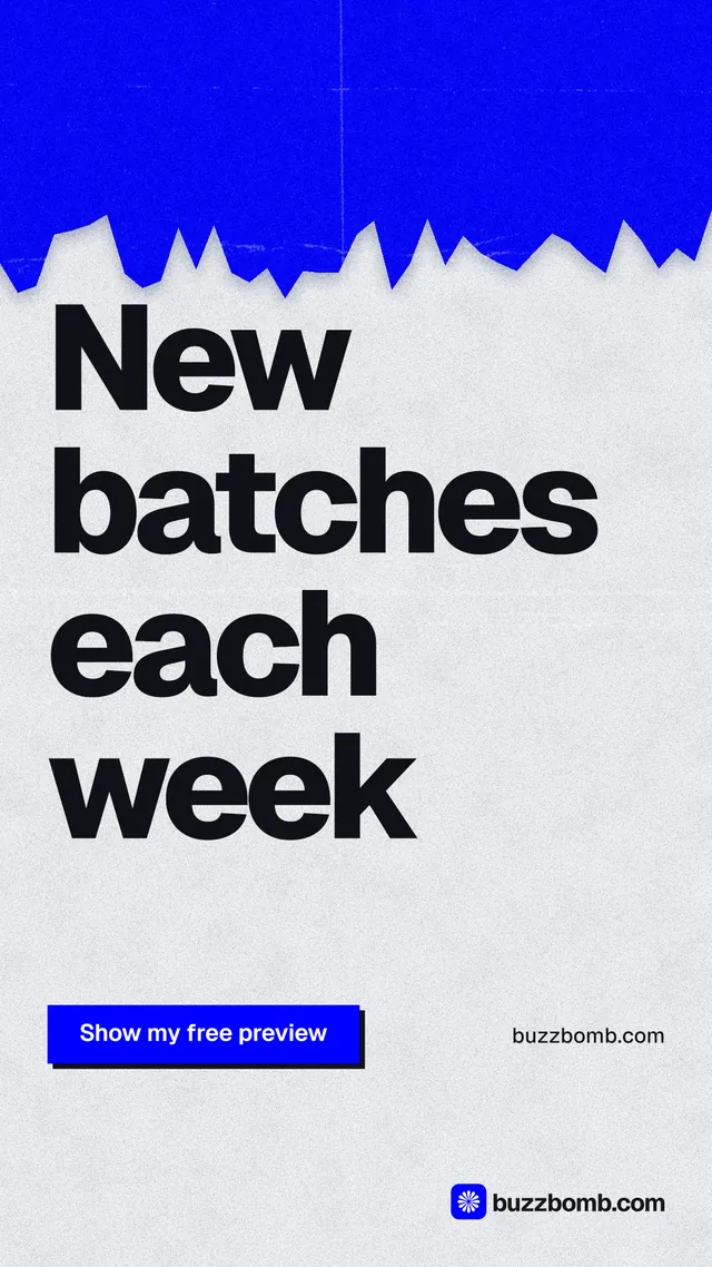 Instagram story for BuzzBomb: "New batches each week". Paper trio style, poster layout, light palette in white, blue, grey.