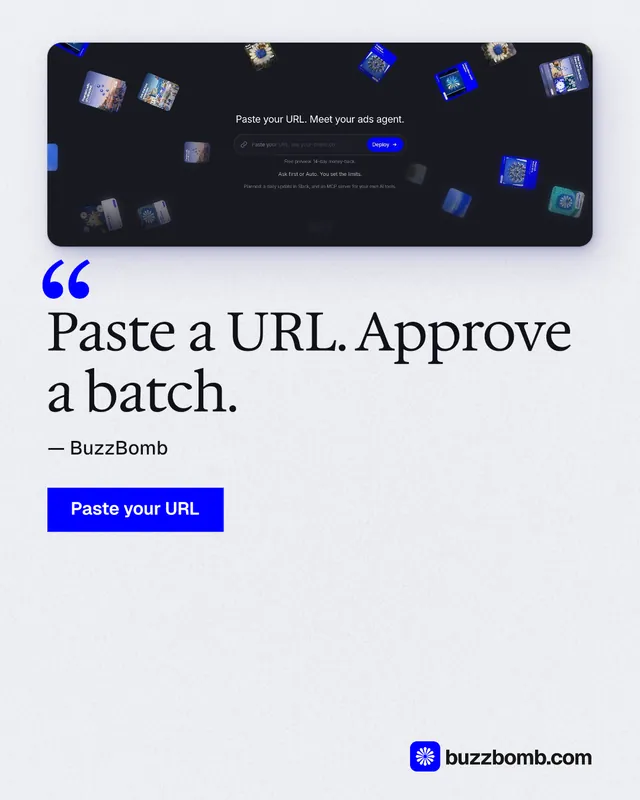 Instagram portrait post for BuzzBomb: "Paste a URL. Approve a batch." Swiss style, quote layout, light palette in white, blue, grey.