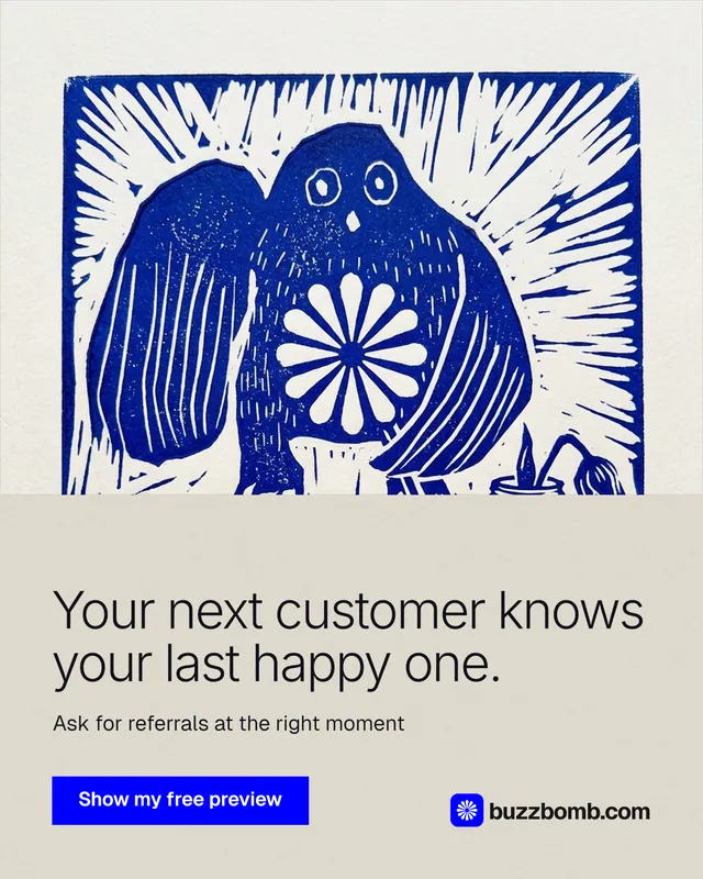 Instagram portrait post for BuzzBomb: "Your next customer knows your last happy one." Swiss style, bottom layout, light palette in yellow, blue, white.