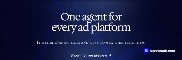 X header for BuzzBomb: "One agent for every ad platform". Dark deco style, smallcaps layout, dark palette in blue, black.
