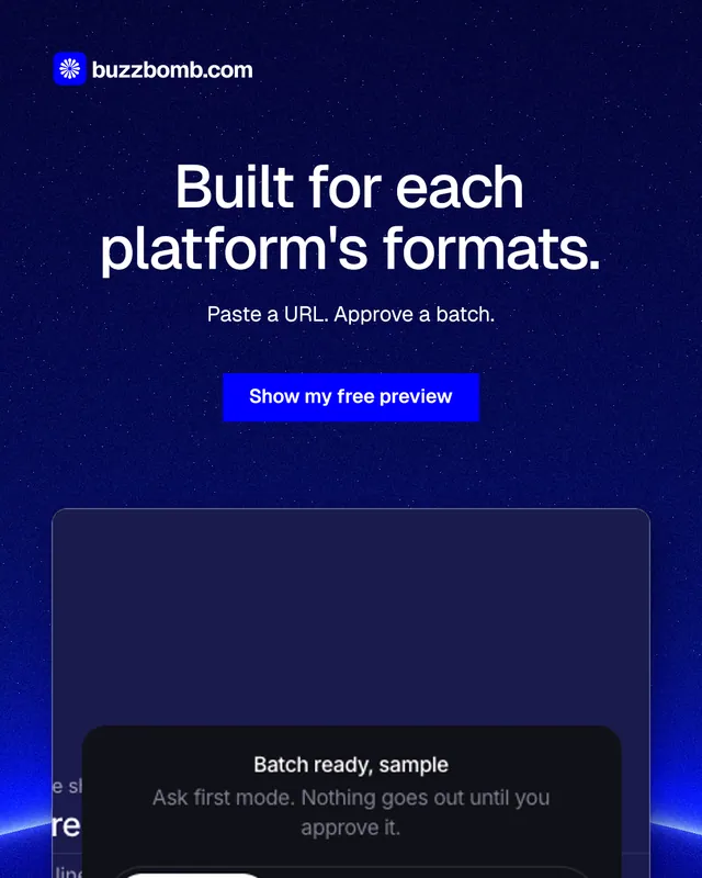 Instagram portrait post for BuzzBomb: "Built for each platform's formats." Swiss style, centred layout, dark palette in blue.