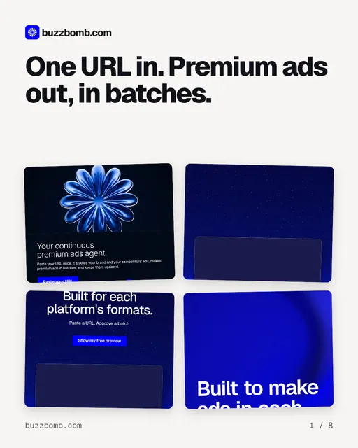 Carousel for BuzzBomb: "One URL in. Premium ads out, in batches.". Collection carousel, 8 slides, light palette.
