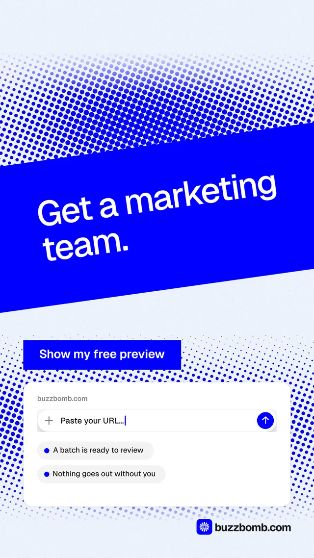 Instagram story for BuzzBomb: "Get a marketing team." Swiss style, diagonal layout, light palette in blue, white.