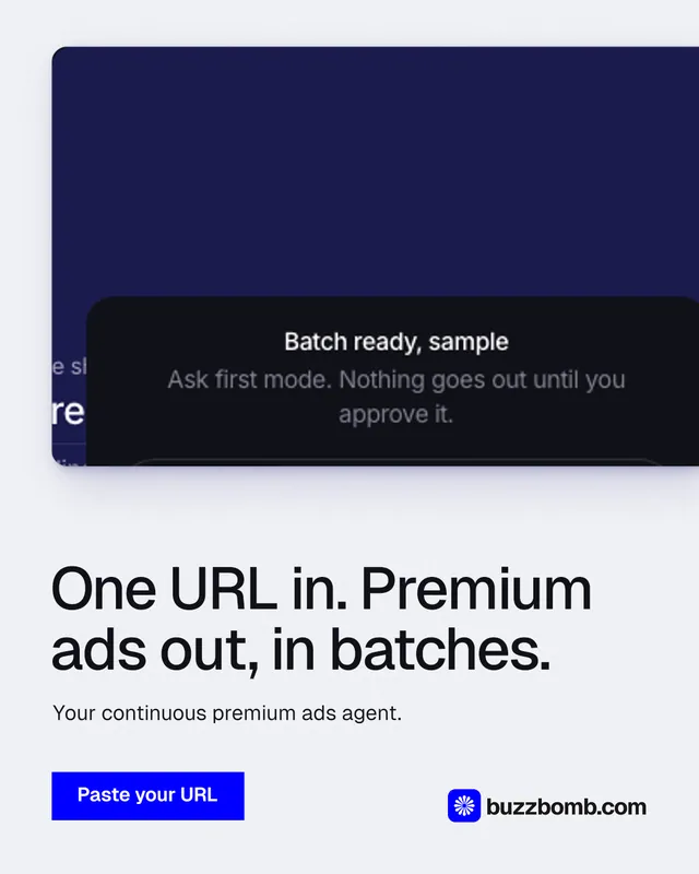 Instagram portrait post for BuzzBomb: "One URL in. Premium ads out, in batches." Swiss style, bottom layout, light palette in white, blue, grey.