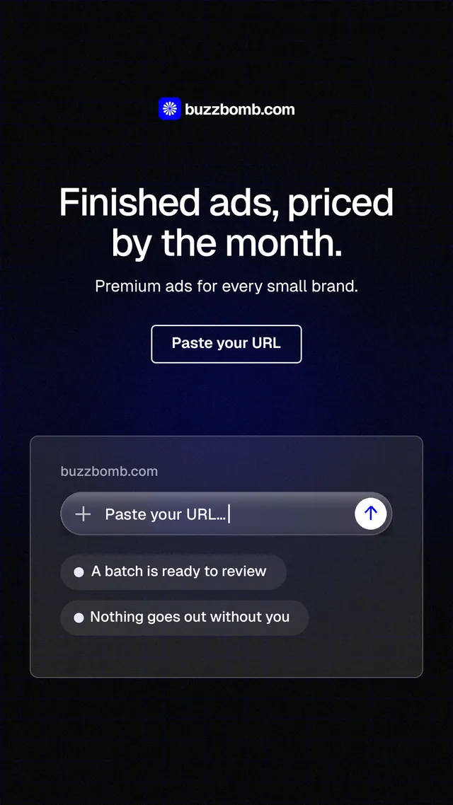 Instagram story for BuzzBomb: "Finished ads, priced by the month." Phosphor atlas style, centred layout, dark palette in black.