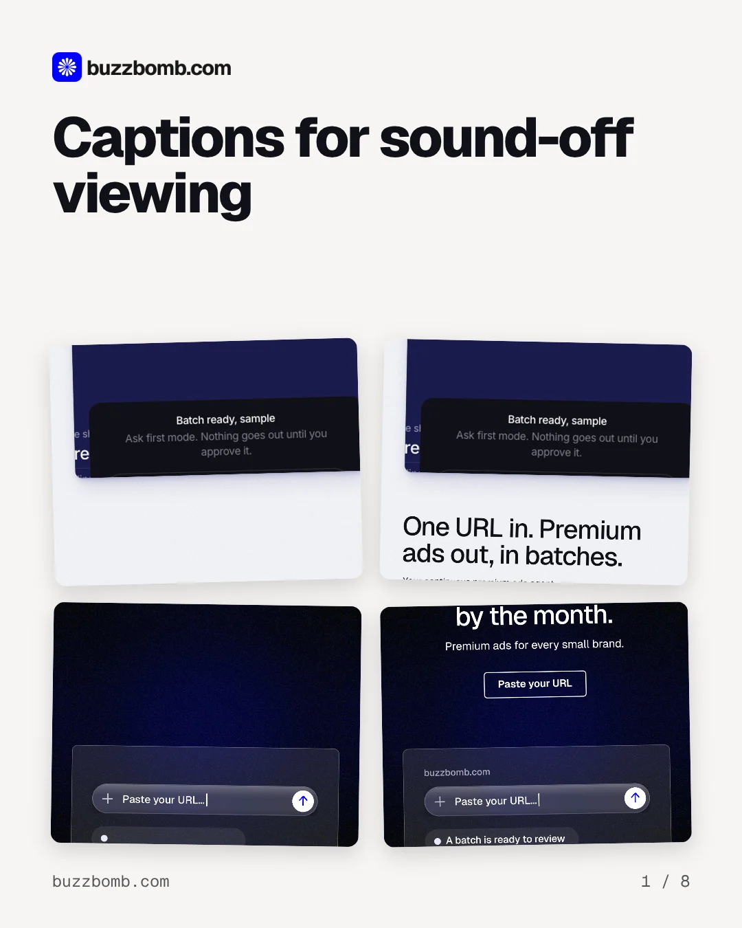 Carousel for BuzzBomb: "Captions for sound-off viewing". Collection carousel, 8 slides, light palette.