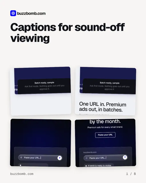 Carousel for BuzzBomb: "Captions for sound-off viewing". Collection carousel, 8 slides, light palette.