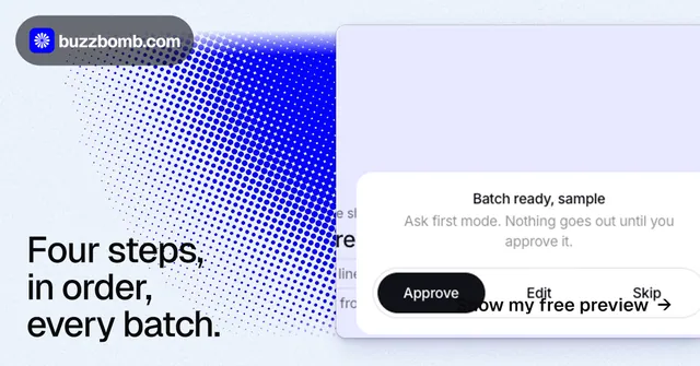 Social ad for BuzzBomb: "Four steps, in order, every batch." Swiss style, image led layout, light palette in white, blue.