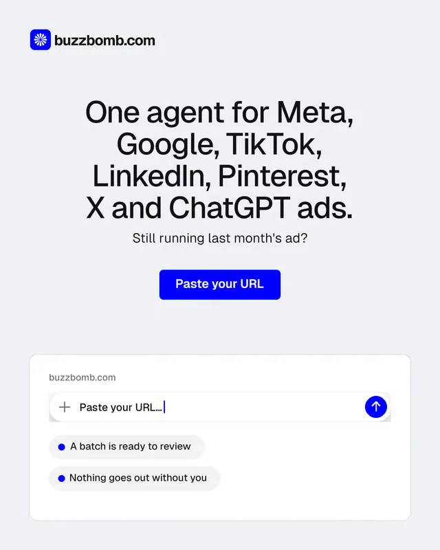 Instagram portrait post for BuzzBomb: "One agent for Meta, Google, TikTok, LinkedIn, Pinterest, X and ChatGPT ads." Data card style, centred layout, light palette in white, blue.