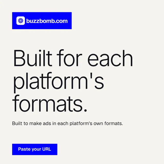Instagram post for BuzzBomb: "Built for each platform's formats." Swiss style, announce layout, light palette in white, blue.