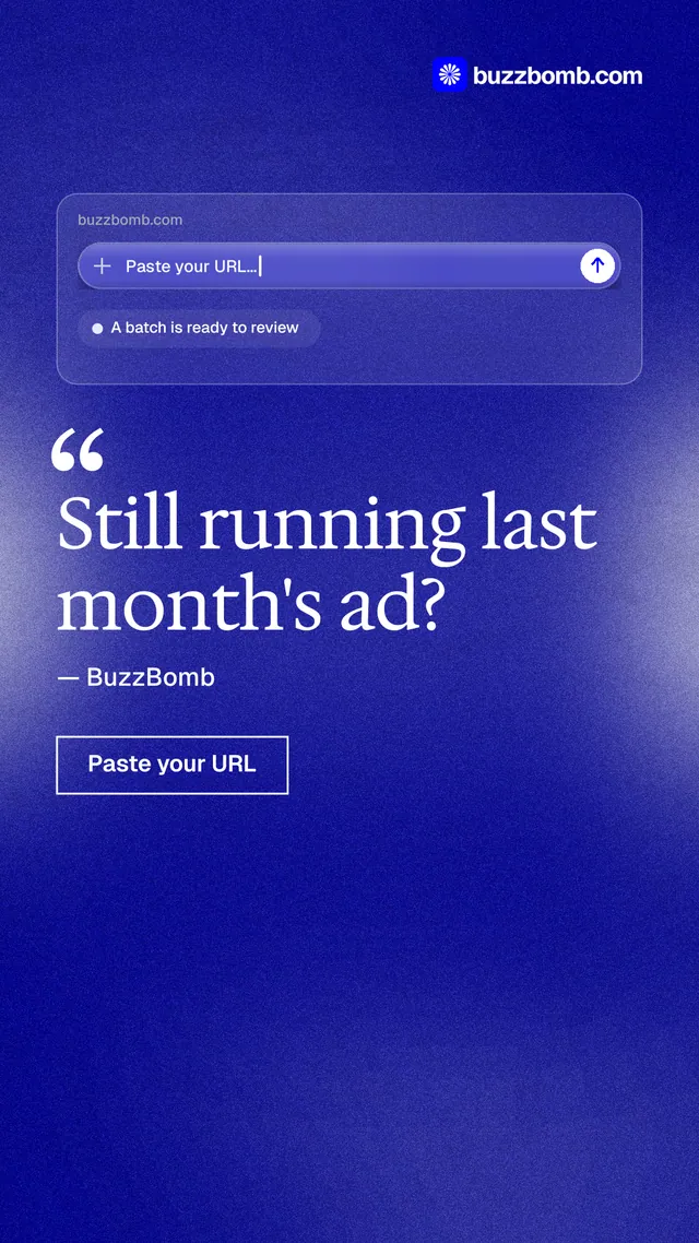 Instagram story for BuzzBomb: "Still running last month's ad?" Cyanotype style, quote layout, dark palette in blue.