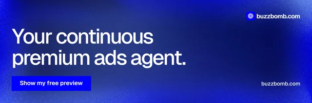 X header for BuzzBomb: "Your continuous premium ads agent." Swiss style, poster layout, dark palette in blue.