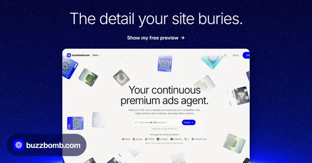 Social ad for BuzzBomb: "The detail your site buries." Swiss style, ogui layout, dark palette in blue, white.