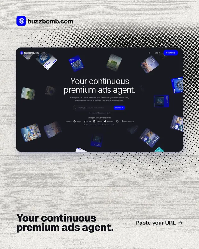 Instagram portrait post for BuzzBomb: "Your continuous premium ads agent." Ink sticker style, image led layout, light palette in blue, white, grey.