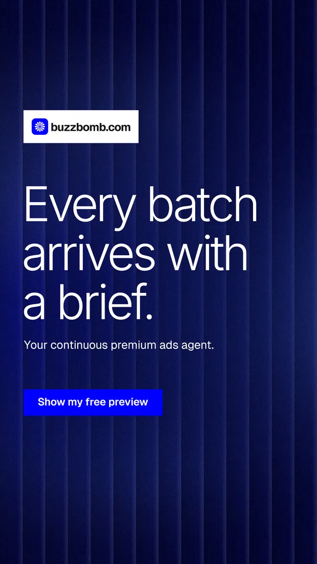 Instagram story for BuzzBomb: "Every batch arrives with a brief." Swiss style, announce layout, dark palette in blue, black.