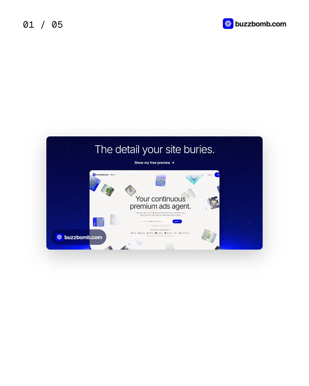 Video for BuzzBomb. Ad flipbook, 7.5 s, light palette.