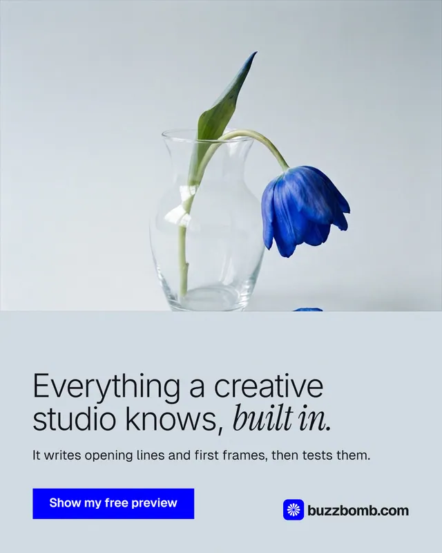 Instagram portrait post for BuzzBomb: "Everything a creative studio knows, built in." Swiss style, bottom layout, light palette in white, blue.