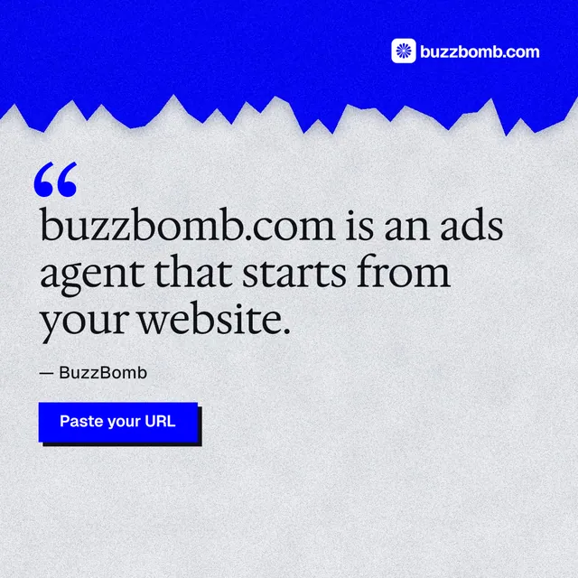 Instagram post for BuzzBomb: "buzzbomb.com is an ads agent that starts from your website." Paper trio style, quote layout, light palette in white, blue, grey.