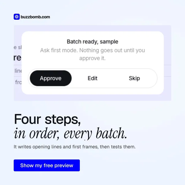 Video for BuzzBomb: "Four steps, in order, every batch.". Doc motion loop, 8.0 s, light palette.