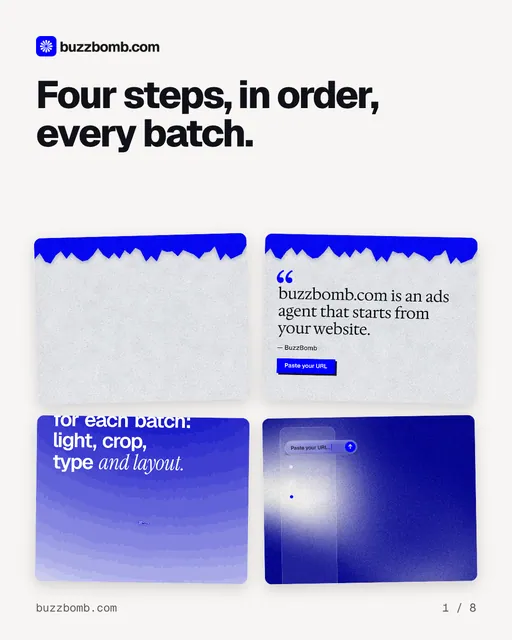 Carousel for BuzzBomb: "Four steps, in order, every batch.". Collection carousel, 8 slides, light palette.