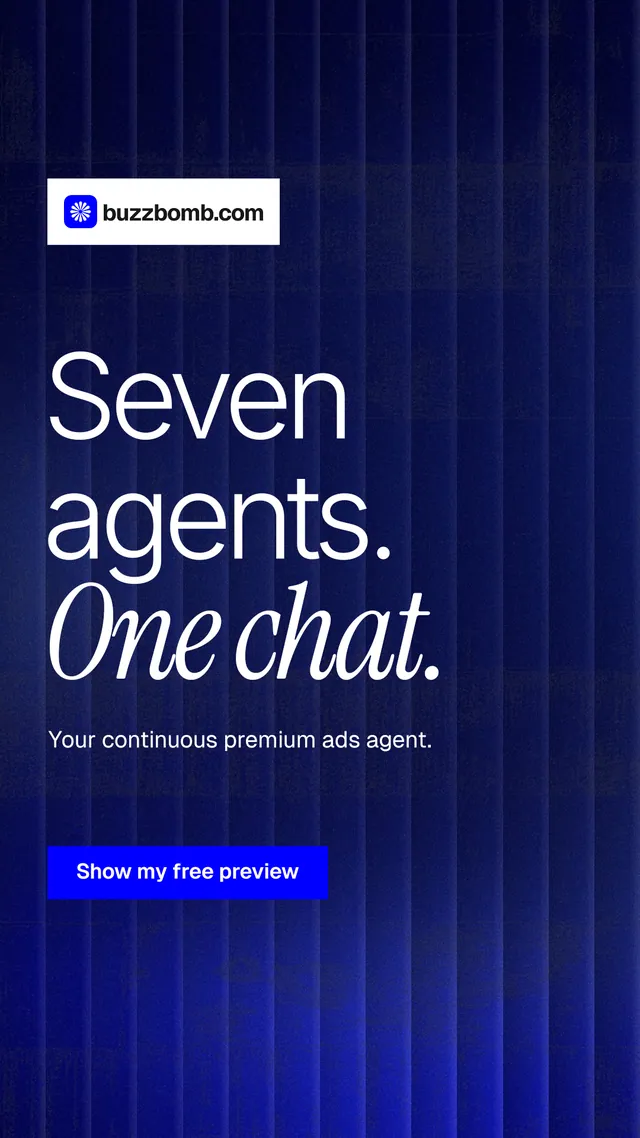 Instagram story for BuzzBomb: "Seven agents. One chat." Swiss style, announce layout, dark palette in blue, grey.