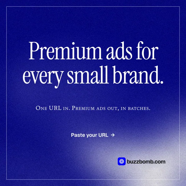 Instagram post for BuzzBomb: "Premium ads for every small brand." Editorial style, smallcaps layout, dark palette in blue.