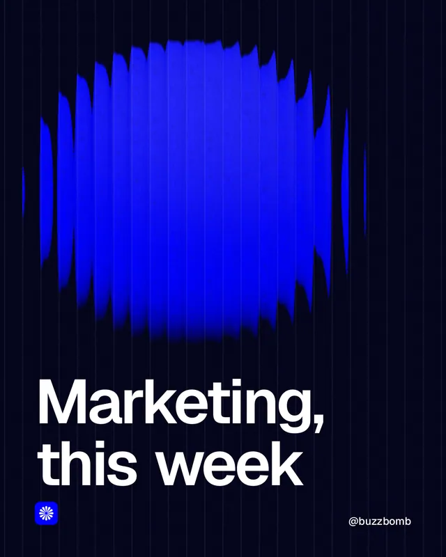 Instagram portrait post for BuzzBomb: "Marketing, this week". Auto 4x5 style, technique:shader field layout, dark palette in black, blue.