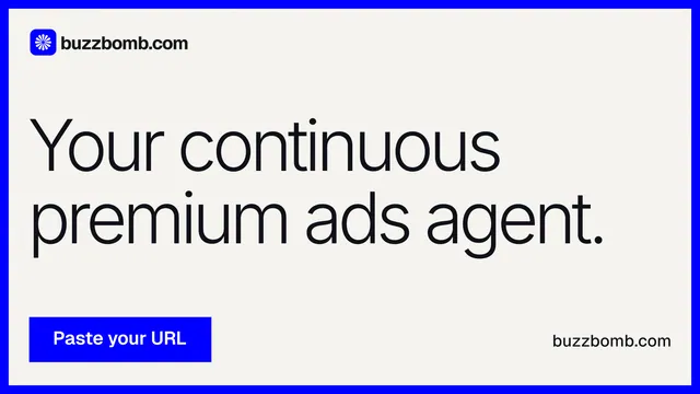 Landscape graphic for BuzzBomb: "Your continuous premium ads agent." Swiss style, poster layout, light palette in white, blue.