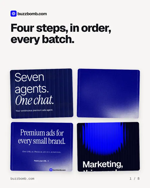 Carousel for BuzzBomb: "Four steps, in order, every batch.". Collection carousel, 8 slides, light palette.