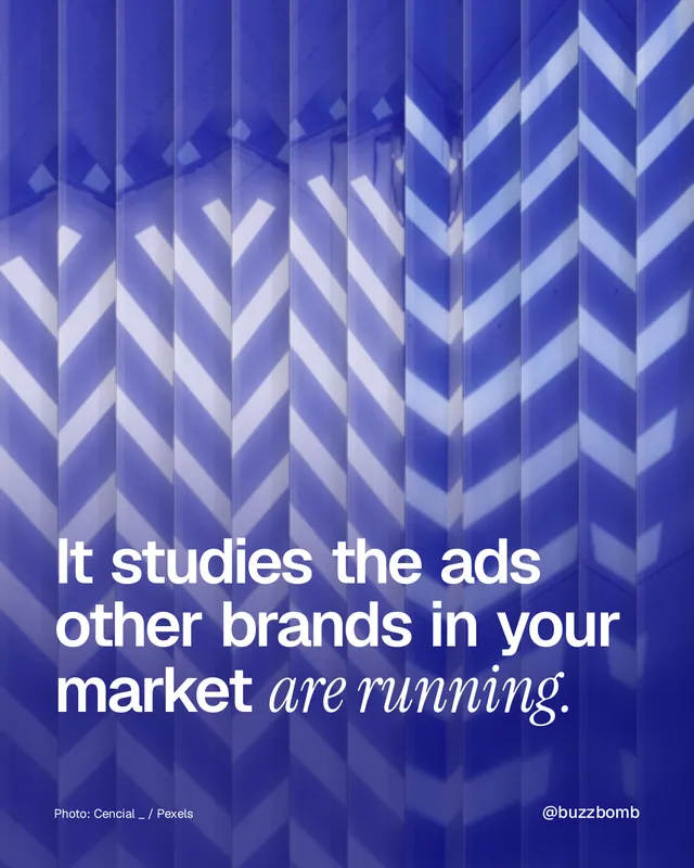 Instagram portrait post for BuzzBomb: "It studies the ads other brands in your market are running." Photo style, technique:fluted glass layout, dark palette in blue.