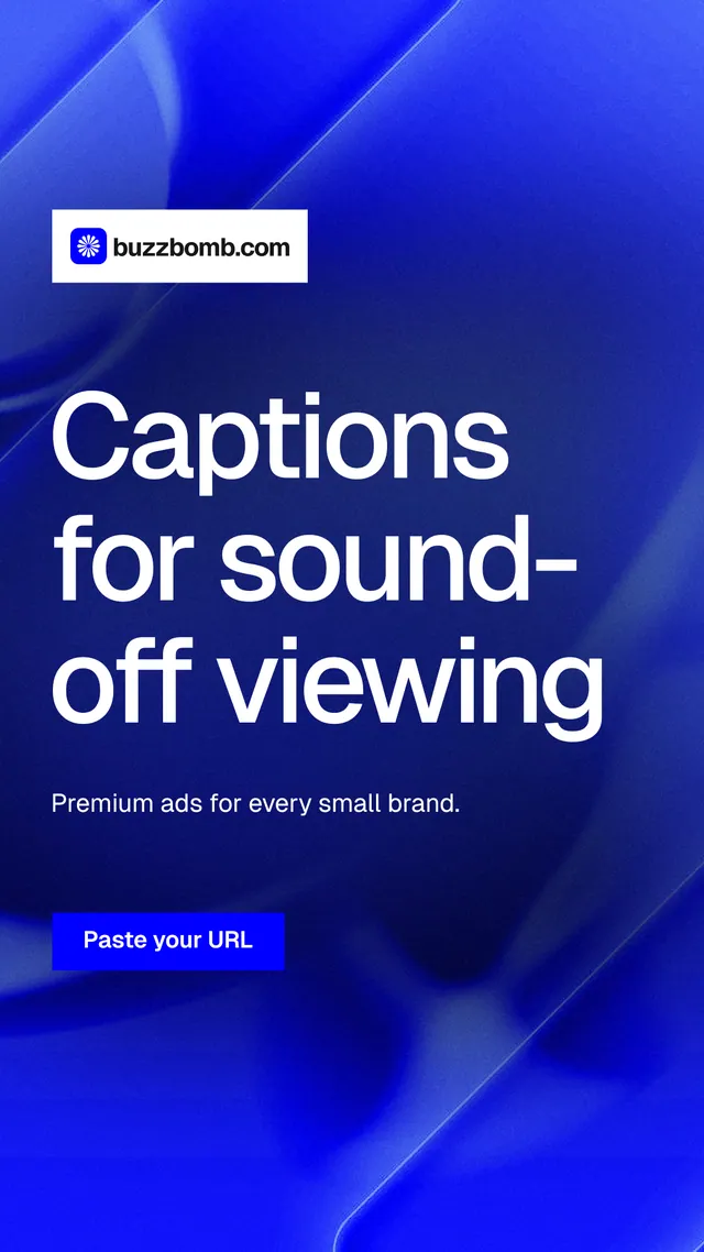 Instagram story for BuzzBomb: "Captions for sound-off viewing". Swiss style, announce layout, dark palette in blue.
