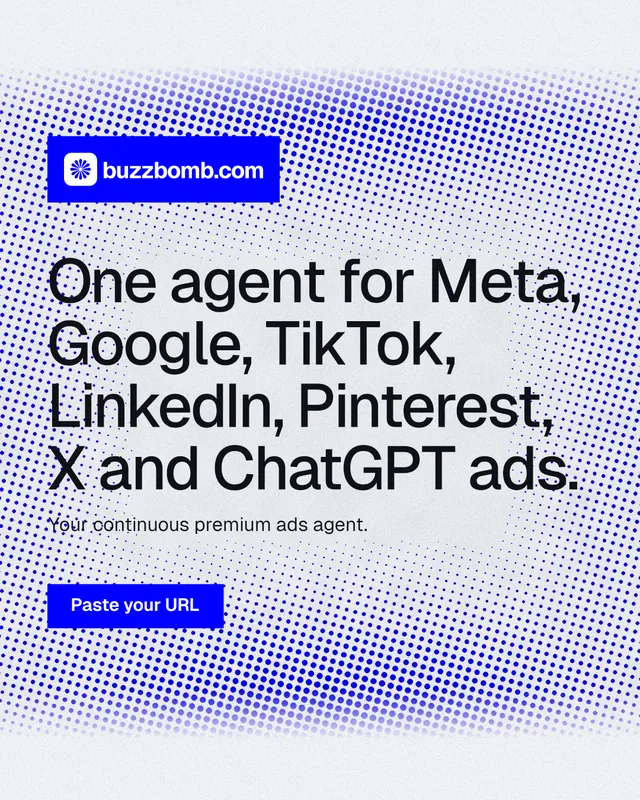 Instagram portrait post for BuzzBomb: "One agent for Meta, Google, TikTok, LinkedIn, Pinterest, X and ChatGPT ads." Swiss style, announce layout, light palette in blue, white.