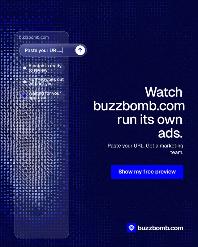 Instagram portrait post for BuzzBomb: "Watch buzzbomb.com run its own ads." Swiss style, right layout, dark palette in black, blue.