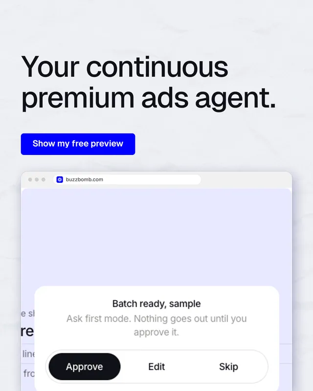 Instagram portrait post for BuzzBomb: "Your continuous premium ads agent." Data card style, browser layout, light palette in white, blue.