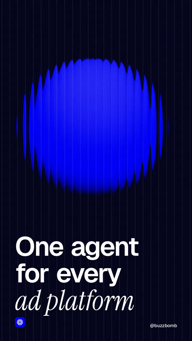 Instagram story for BuzzBomb: "One agent for every ad platform". Auto 9x16 style, technique:shader field layout, dark palette in black, blue.
