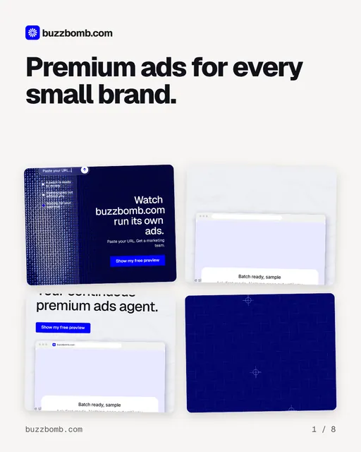 Carousel for BuzzBomb: "Premium ads for every small brand.". Collection carousel, 8 slides, light palette.