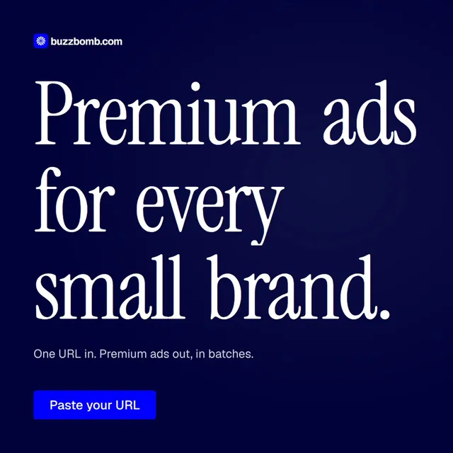 Video for BuzzBomb: "Premium ads for every small brand.". Doc motion loop, 8.0 s, dark palette.