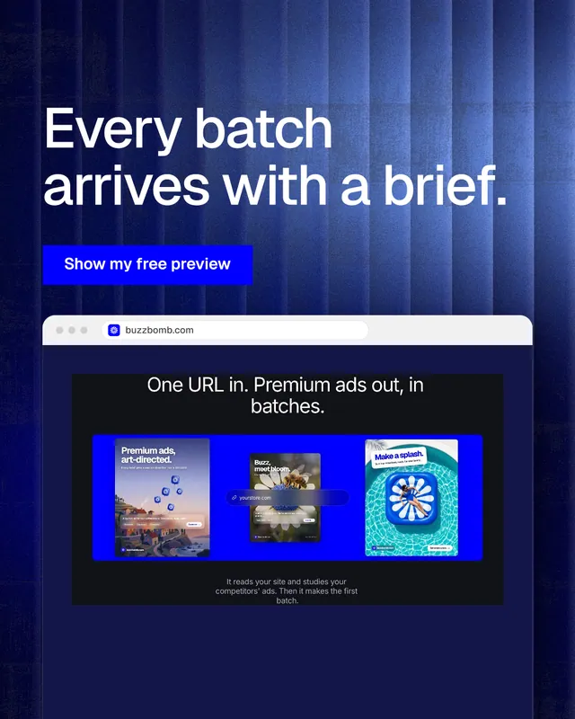 Instagram portrait post for BuzzBomb: "Every batch arrives with a brief." Swiss style, browser layout, dark palette in blue, black.