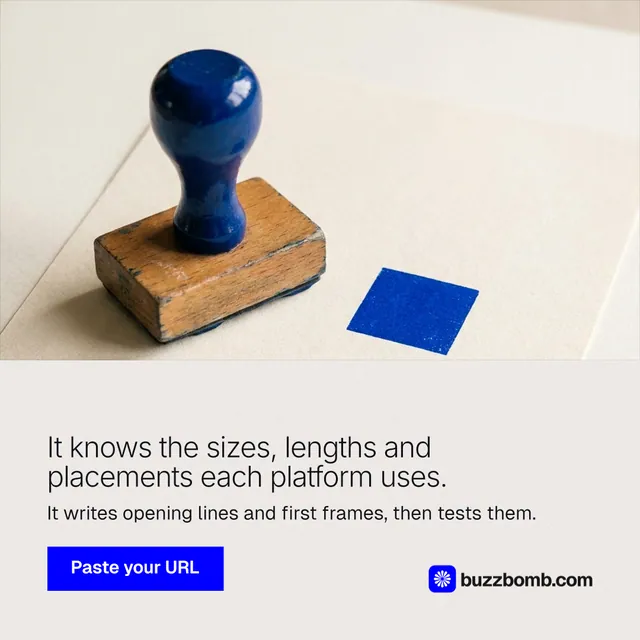Instagram post for BuzzBomb: "It knows the sizes, lengths and placements each platform uses." Swiss style, bottom layout, light palette in orange, grey.