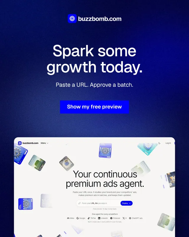 Instagram portrait post for BuzzBomb: "Spark some growth today." Swiss style, centred layout, dark palette in white, blue.
