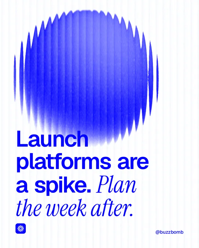 Instagram portrait post for BuzzBomb: "Launch platforms are a spike. Plan the week after." Auto 4x5 style, technique:shader field layout, light palette in blue, white.