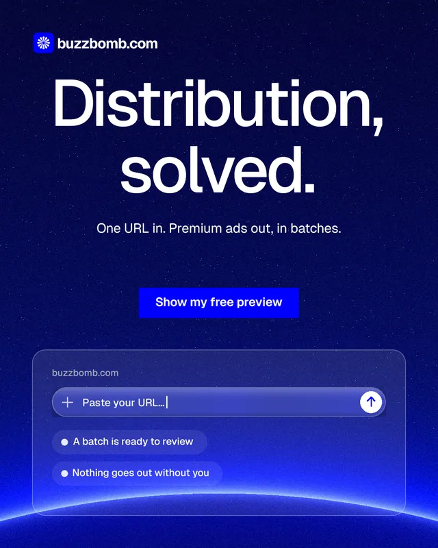 Instagram portrait post for BuzzBomb: "Distribution, solved." Swiss style, centred layout, dark palette in blue.