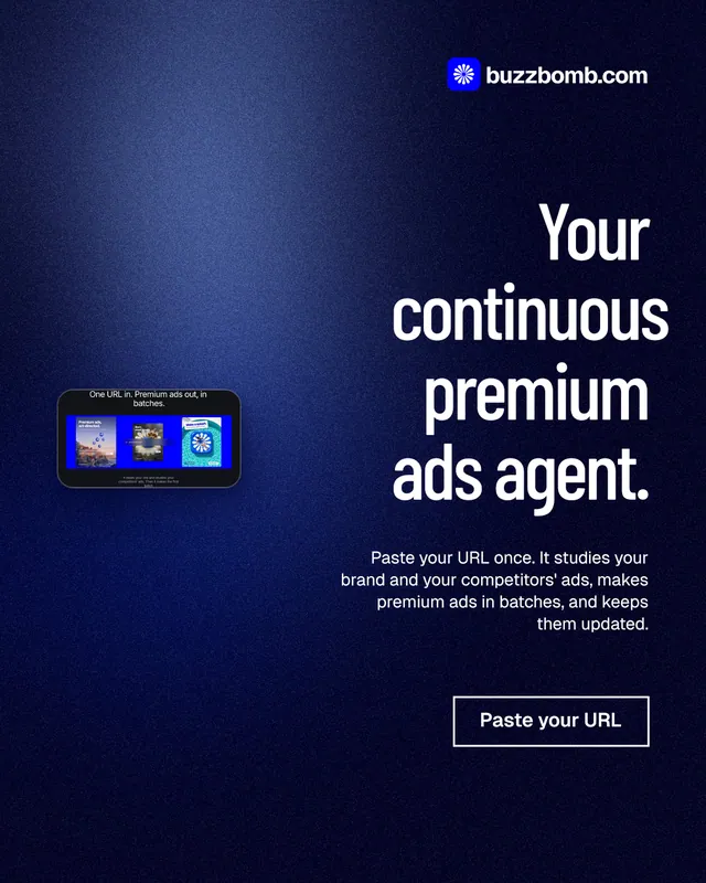 Instagram portrait post for BuzzBomb: "Your continuous premium ads agent." Dark deco style, right layout, dark palette in black, blue.