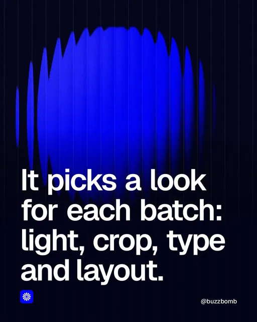 Video for BuzzBomb: "It picks a look for each batch: light, crop, type and layout.". Shader loop, 6.0 s, dark palette.