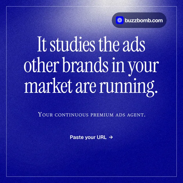 Instagram post for BuzzBomb: "It studies the ads other brands in your market are running." Editorial style, smallcaps layout, dark palette in blue.
