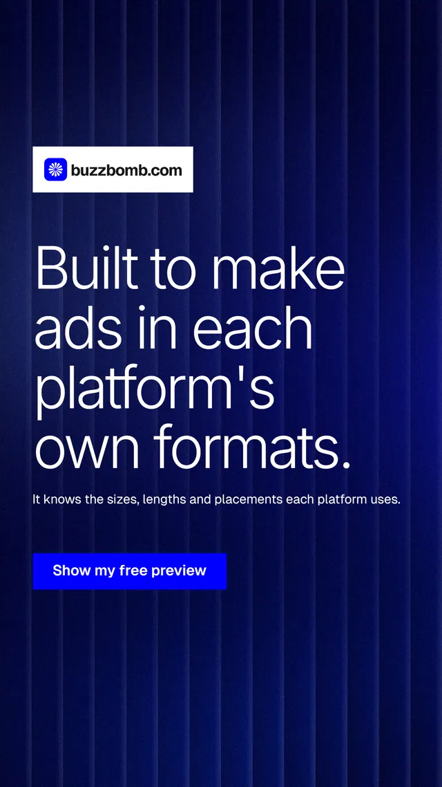 Instagram story for BuzzBomb: "Built to make ads in each platform's own formats." Swiss style, announce layout, dark palette in blue.