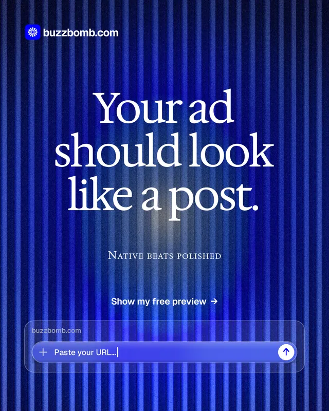 Instagram portrait post for BuzzBomb: "Your ad should look like a post." Swiss style, smallcaps layout, dark palette in blue.