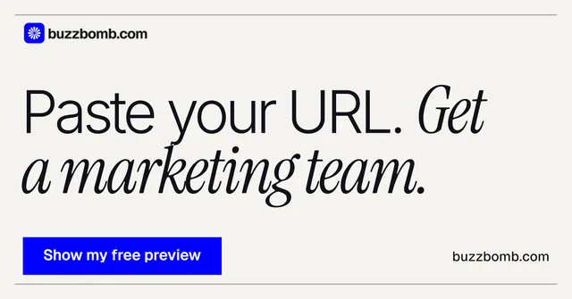 Social ad for BuzzBomb: "Paste your URL. Get a marketing team." Swiss style, poster layout, light palette in white, blue.