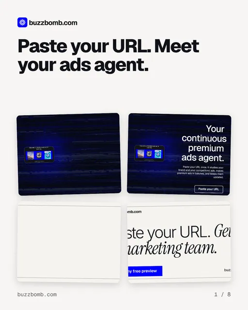 Carousel for BuzzBomb: "Paste your URL. Meet your ads agent.". Collection carousel, 8 slides, light palette.