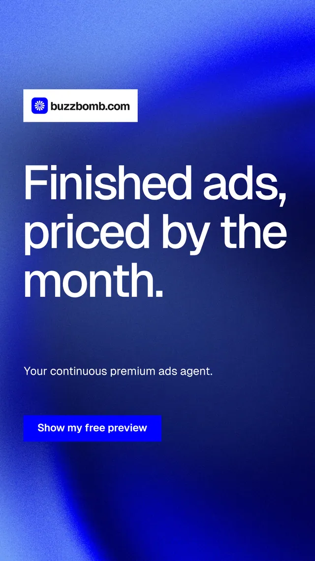 Instagram story for BuzzBomb: "Finished ads, priced by the month." Swiss style, announce layout, dark palette in blue.